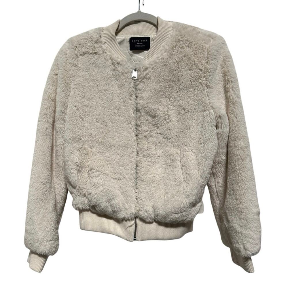 Love Tree Faux Fur Coat Womens Medium Ivory Lined Full Zipped Cropped